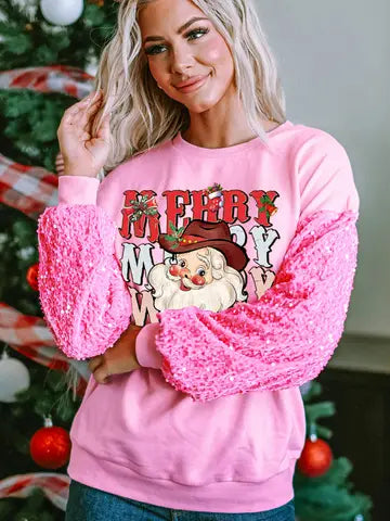 Christmas Pink Sequin Sleeve Santa Graphic Pullover