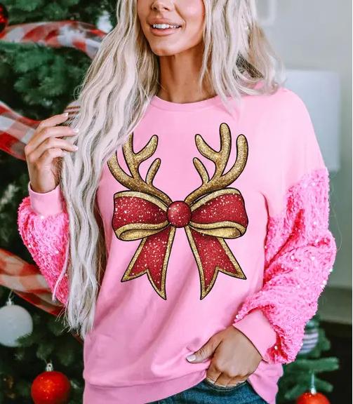 Christmas Pink Sequin Sleeve Reindeer Bow Pullover