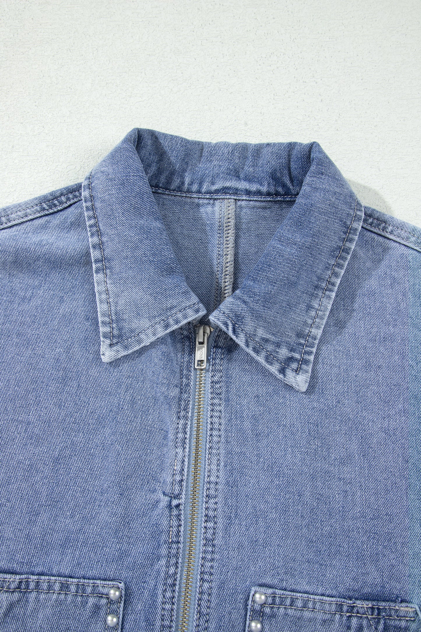 Pearl Studded Oversized Denim Zip Front Jacket