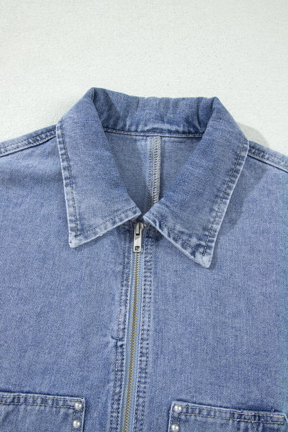 Pearl Studded Oversized Denim Zip Front Jacket