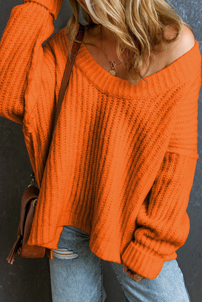 Orange Ribbed Knit Sweater Oversized Wide Neck Pullover