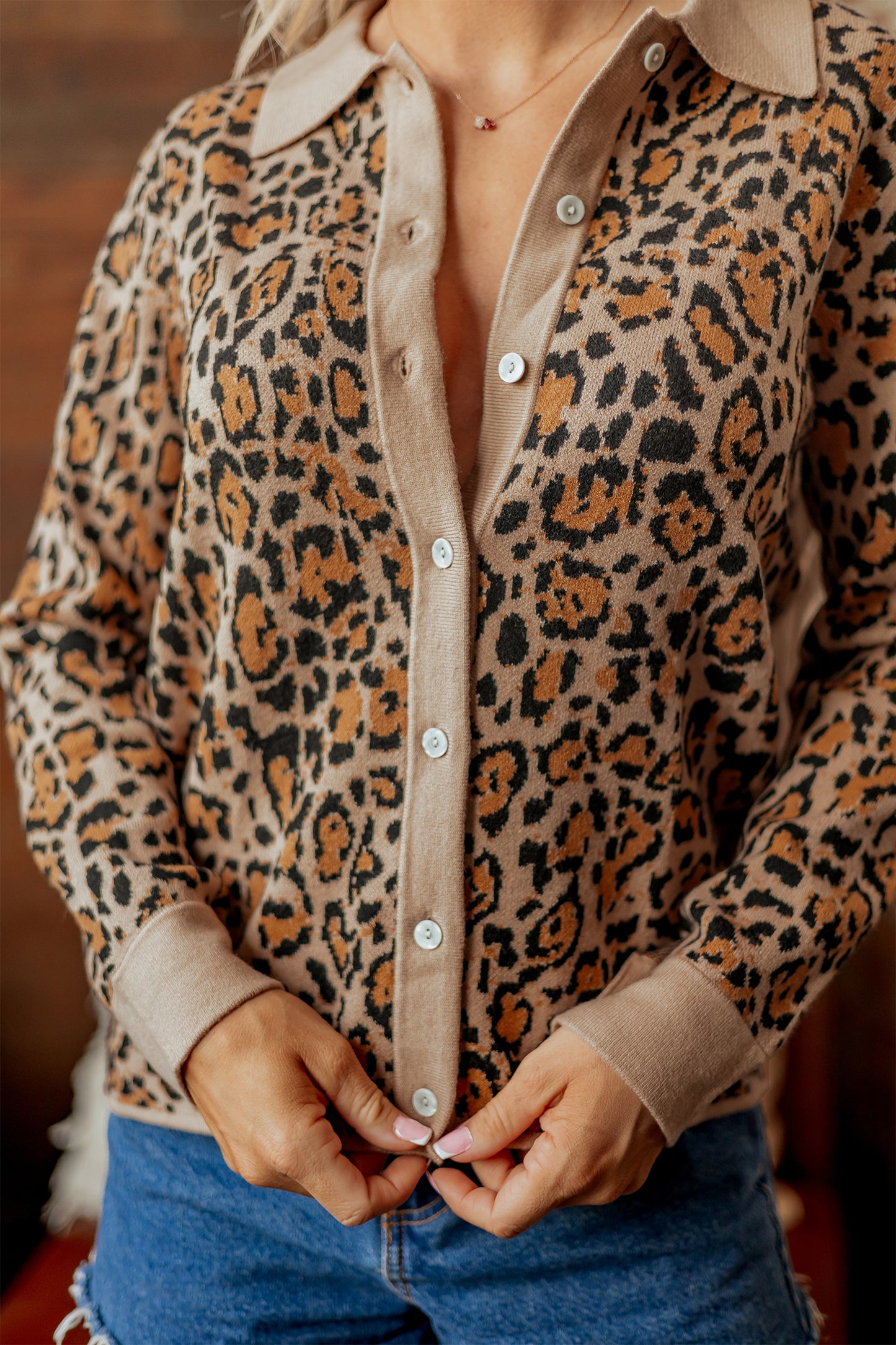 Leopard Print Button Up Knit Cardigan Top