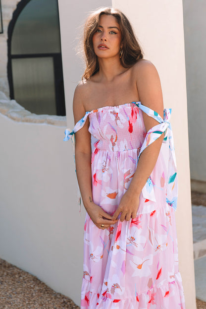 Pink Floral Smocked Maxi Dress Tie Shoulder Flowy