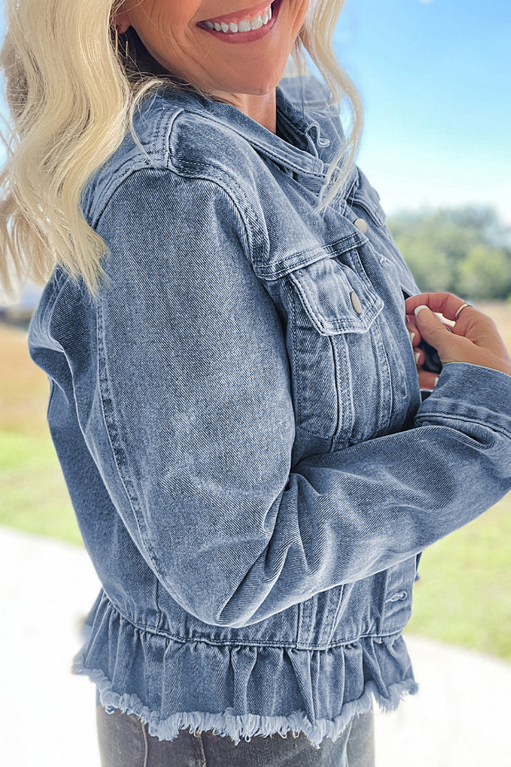 Beau Blue Ruffle Raw Hem Flap Pocket Denim Jacket