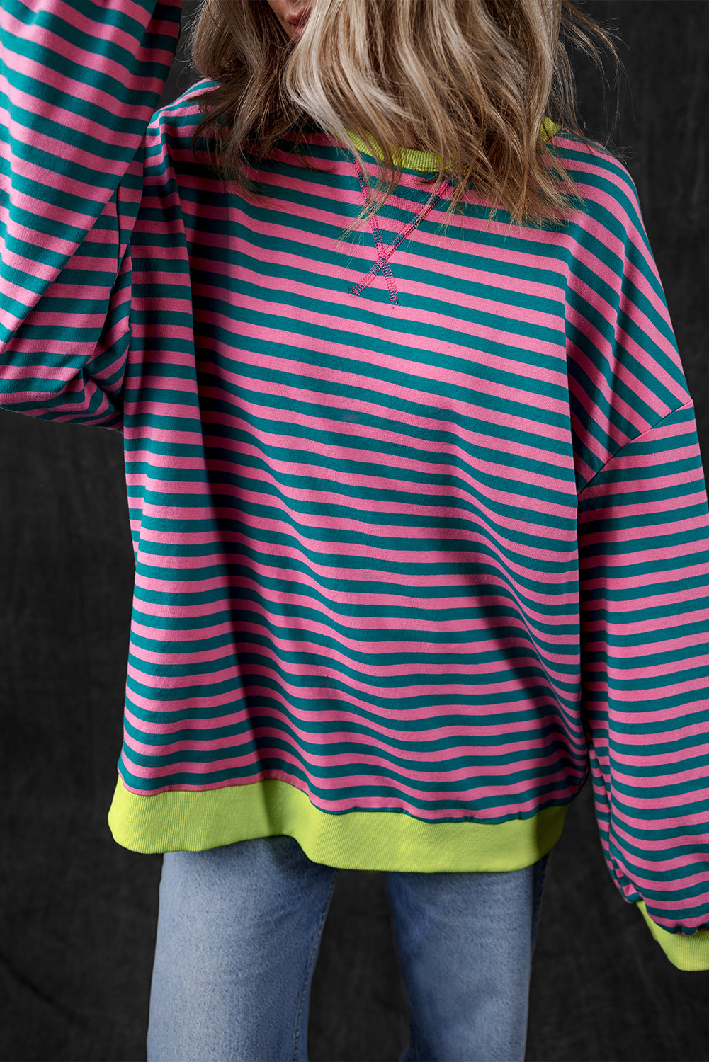 Sky Blue Stripe Oversized Contrast Trim Pullover Sweatshirt