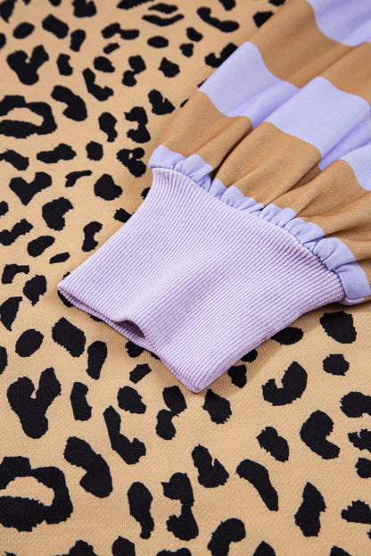 Khaki Stripe Colorblock Leopard Oversized Sweatshirt