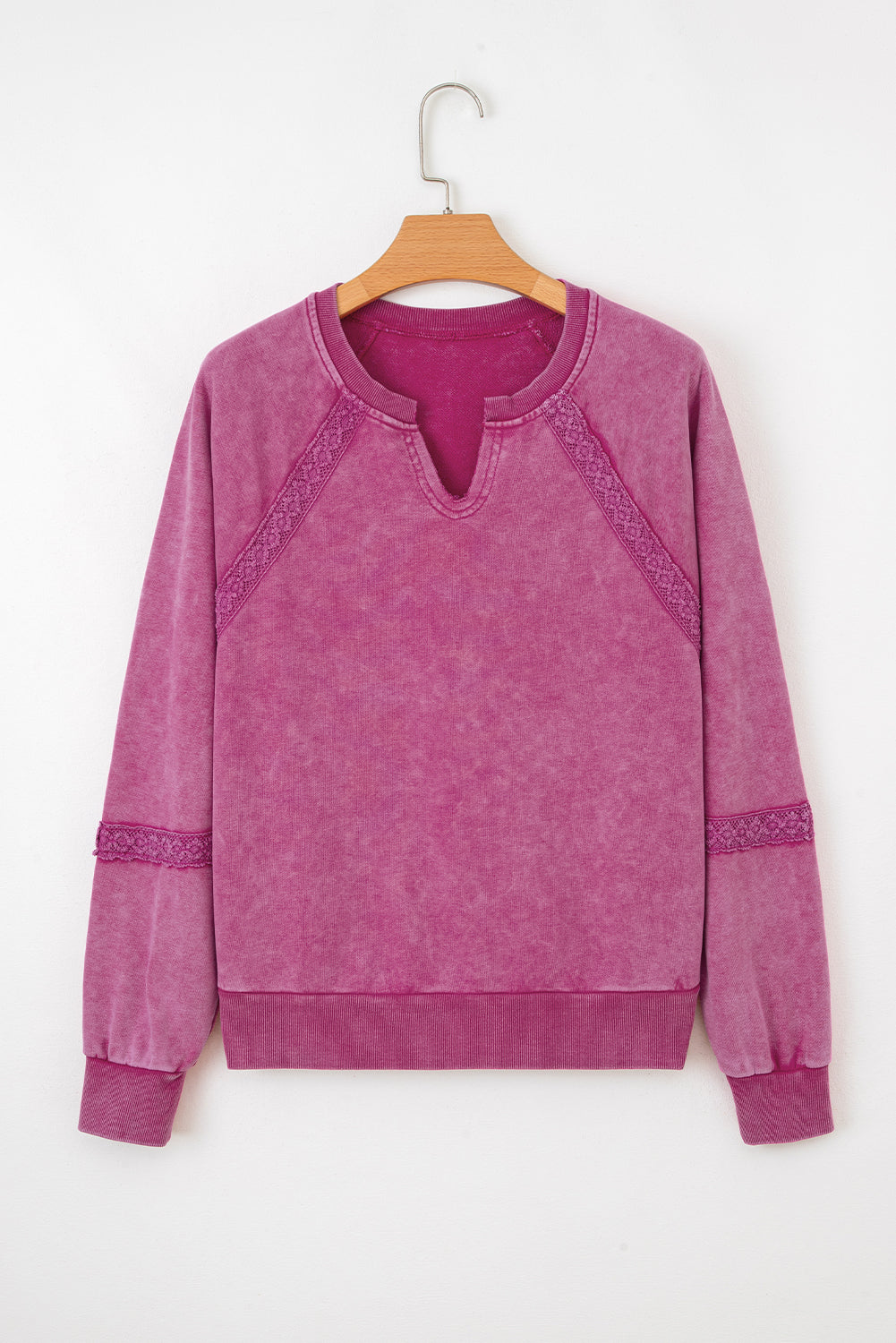 Lace Patchwork Notched Neck Mineral Wash Sweatshirt