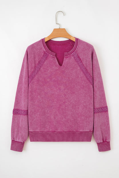 Lace Patchwork Notched Neck Mineral Wash Sweatshirt