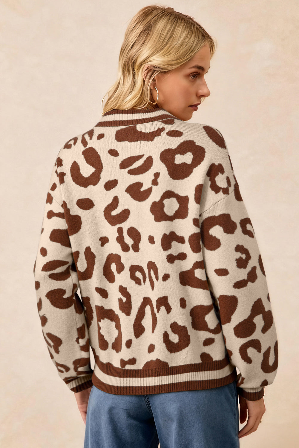 Leopard Print V Neck Sweater Casual Knit Pullover for Women