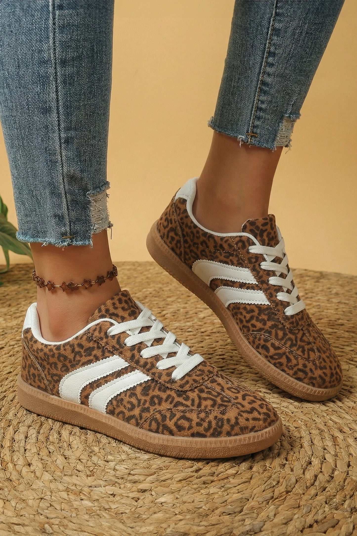 Leopard Print Shimmer Lace Up Sneakers PU Leather Shoes