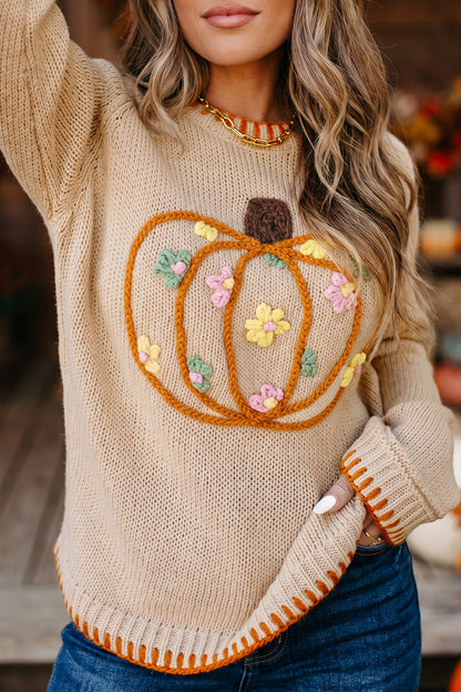 Pumpkin Knit Sweater Autumn Floral Embroidered Relaxed Fit