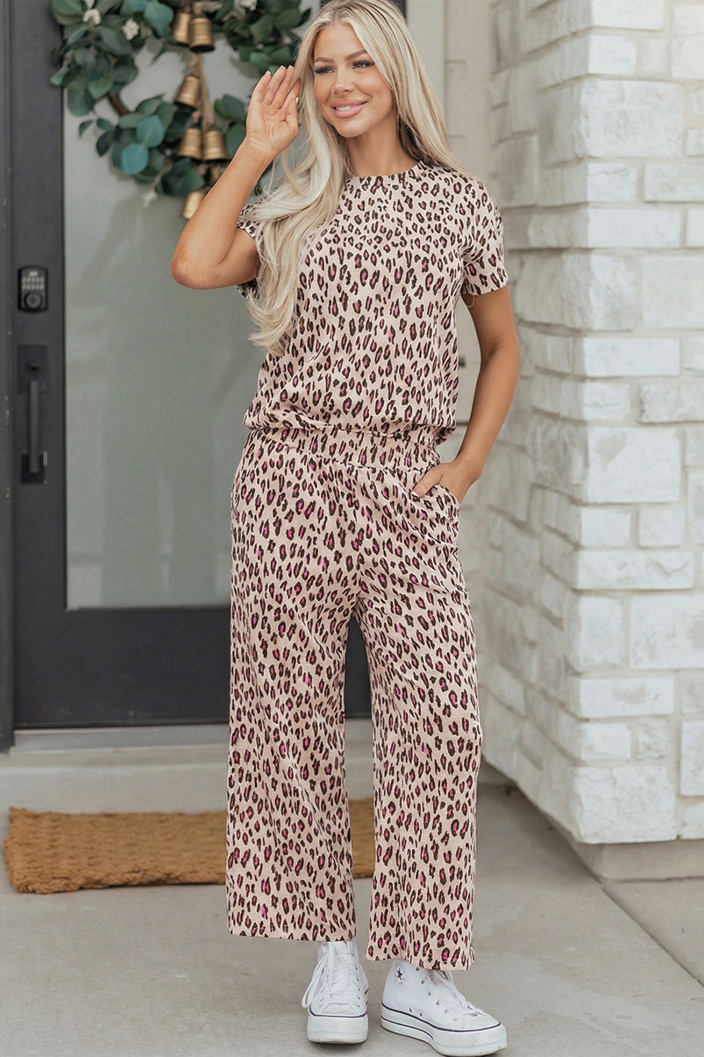Beige Leopard Print Short Sleeve Top and Wide Leg Pants Set