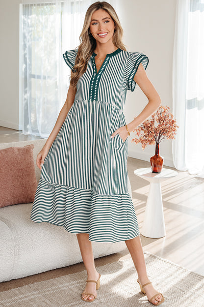 Black Stripe Ruffle Sleeve Contrast Trim V Neck Midi Dress