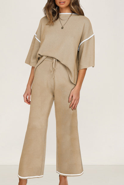 Women’s Knit Lounge Set Contrast Trim Top and Pants