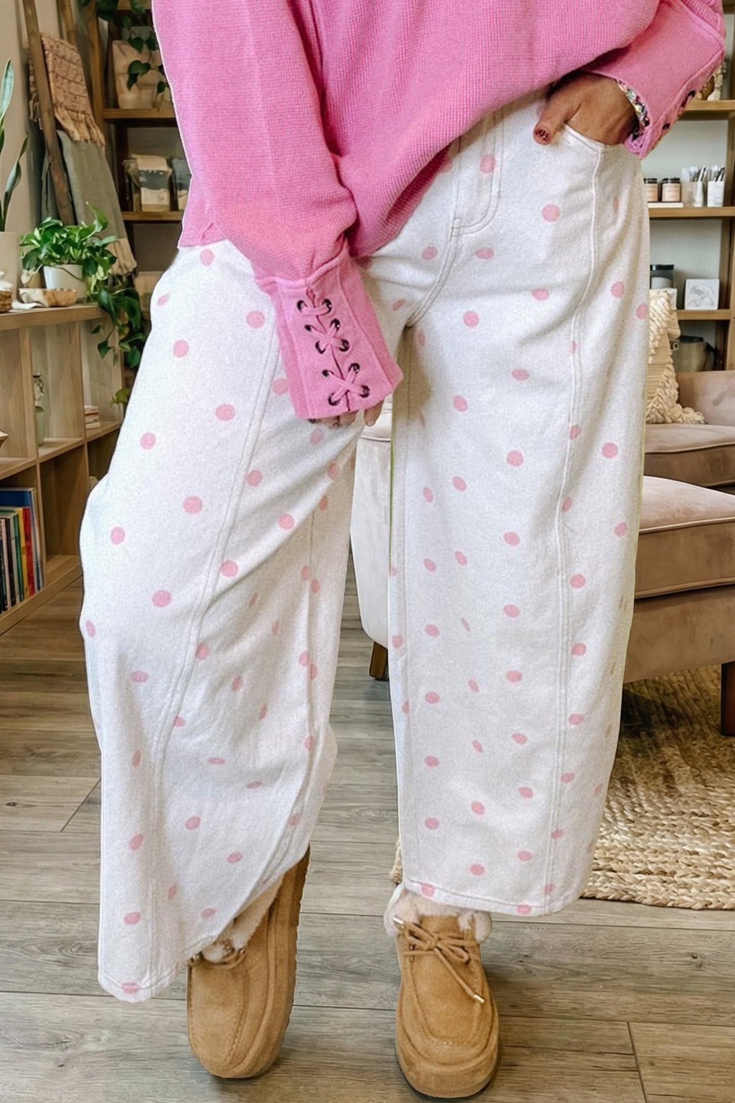 Blue Polka Dot Barrel Jeans High Waist Wide Leg Pants
