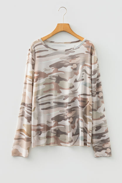 Plus Size Camo Mesh Long Sleeve Top Western Style