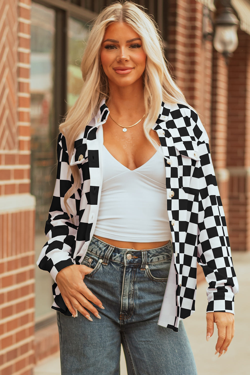 Checkerboard Print Flap Pocket Button Front Shacket