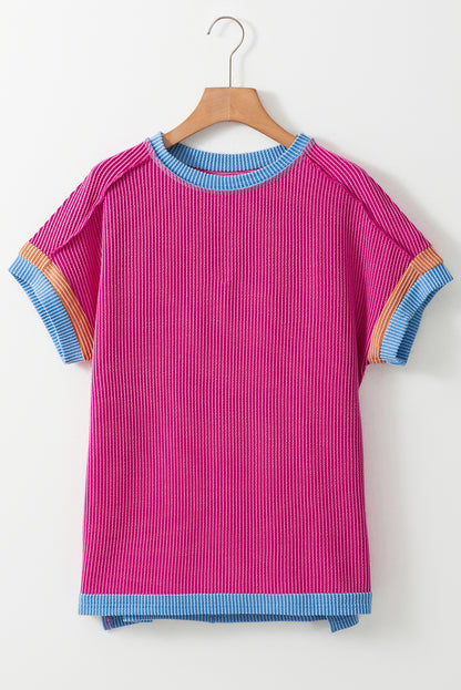 Bright Pink Textured Contrast Trim Round Neck T Shirt