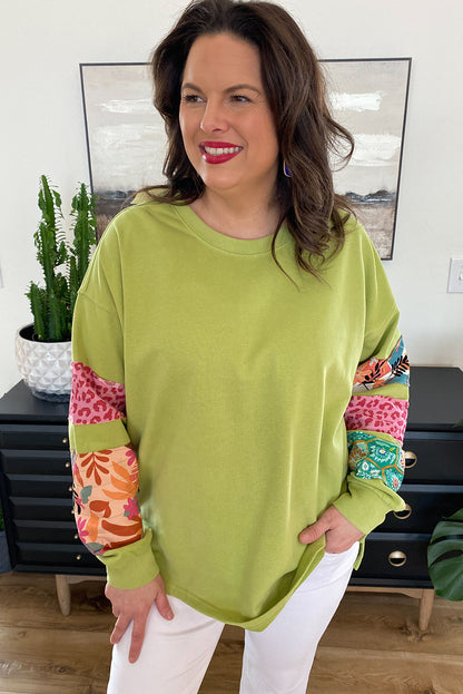 Green Plus Size Printed Patchwork Sleeve Split Sweatshirt