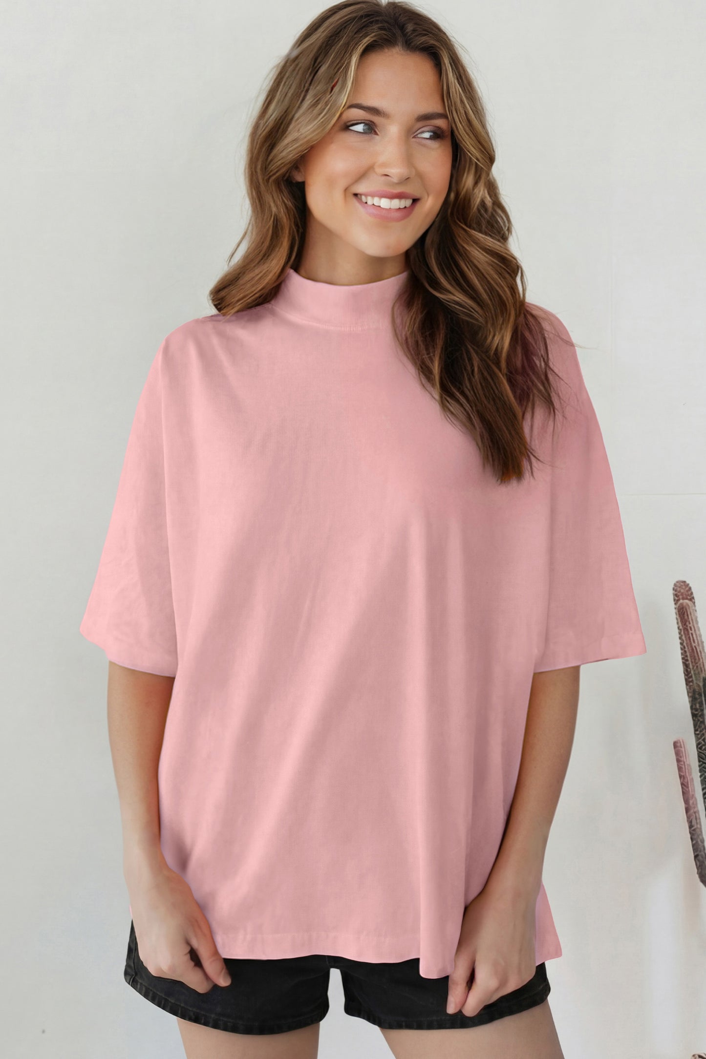 Dark Blue Oversized Mock Neck Tee Casual Relaxed Top