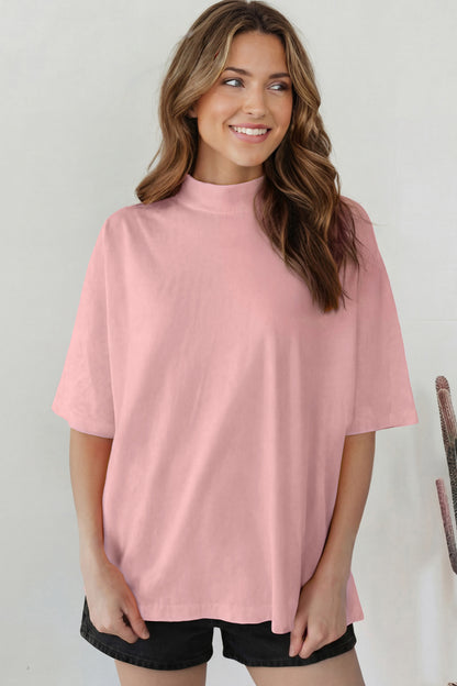 Dark Blue Oversized Mock Neck Tee Casual Relaxed Top