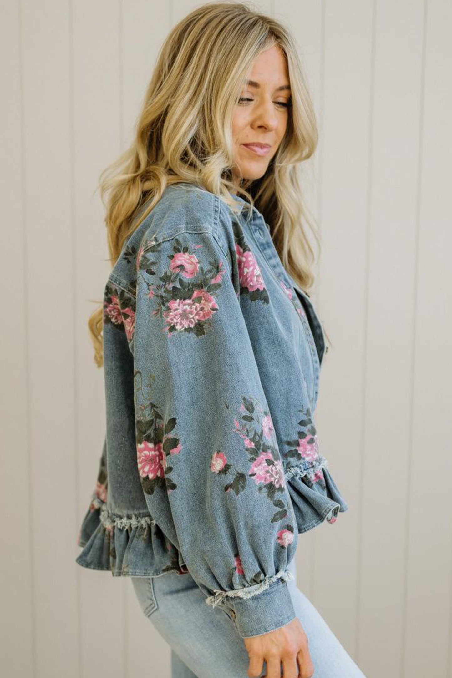 Floral Denim Jacket Ruffle Hem Puff Sleeve Cropped