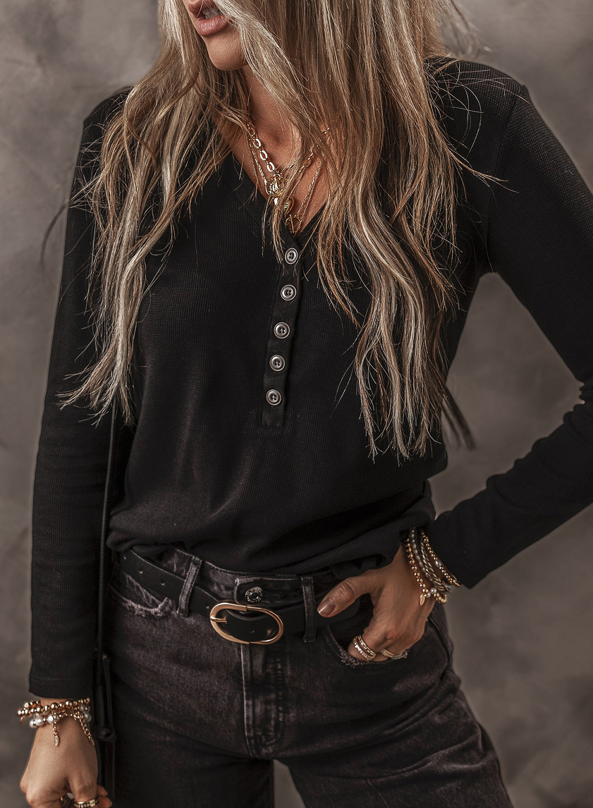 Black Ribbed Waffle Knit Henley Long Sleeve Top