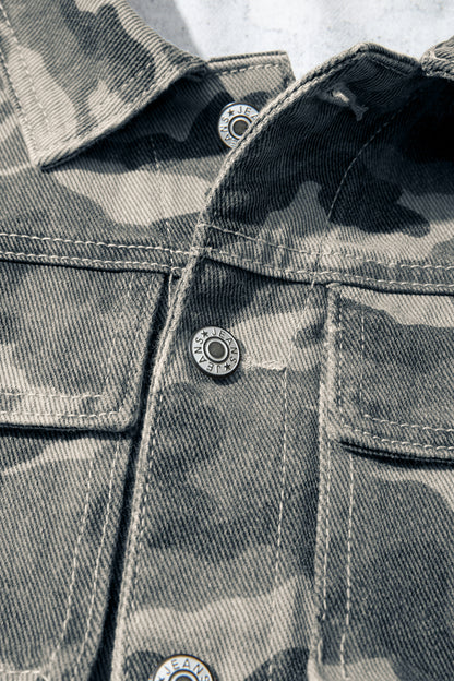 Camo Cargo Button Down Denim Vest with Utility Pockets