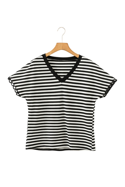 Black Stripe V Neck Lace Trim Casual Tee Top