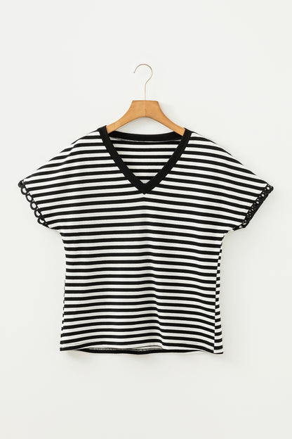 Black Stripe V Neck Lace Trim Casual Tee Top