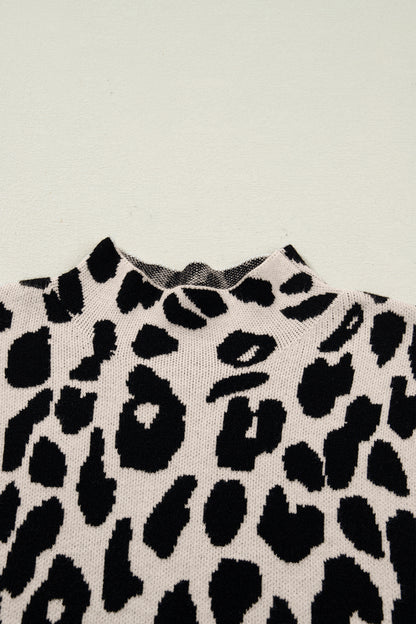 Leopard Print High Neck Short Sleeve Knit Top