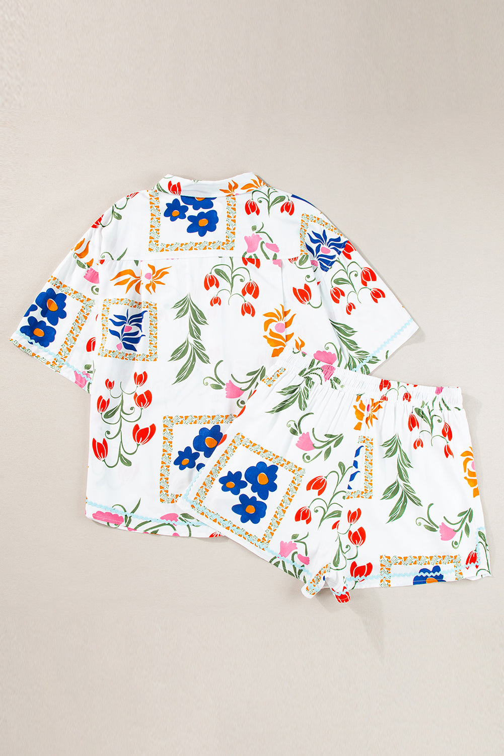 Ricrac Trim Floral Short Sleeve Shirt and Shorts Outfit