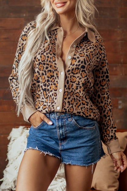 Leopard Print Button Up Knit Cardigan Top
