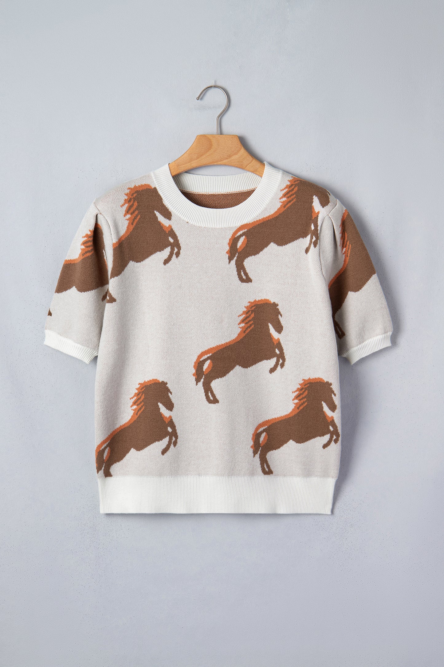 Western Horse Print Puff Sleeve Knit Sweater Top