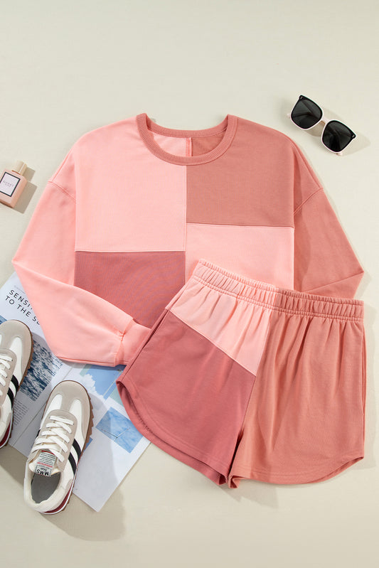 Peach Blossom Colorblock Patchwork Long Sleeve Shorts Outfit