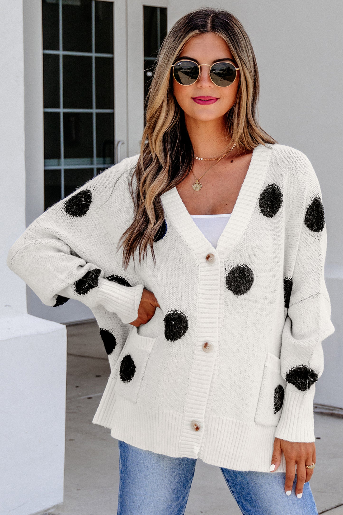 Polka Dot Oversized V Neck Knit Cardigan Sweater