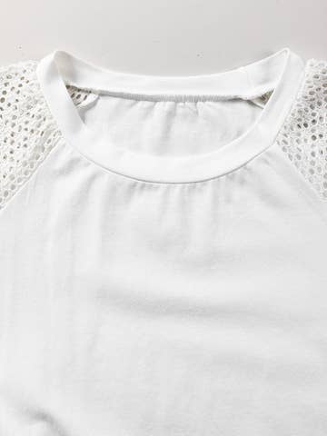 White Crochet Sleeve Crew Neck Summer Knit Tee Women
