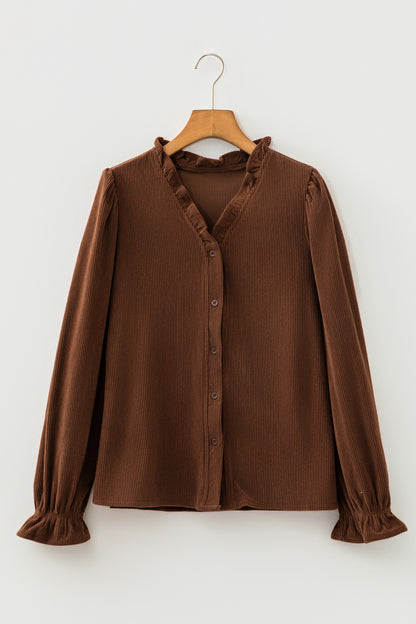 Coffee Corduroy Ruffle V Neck Button Shacket