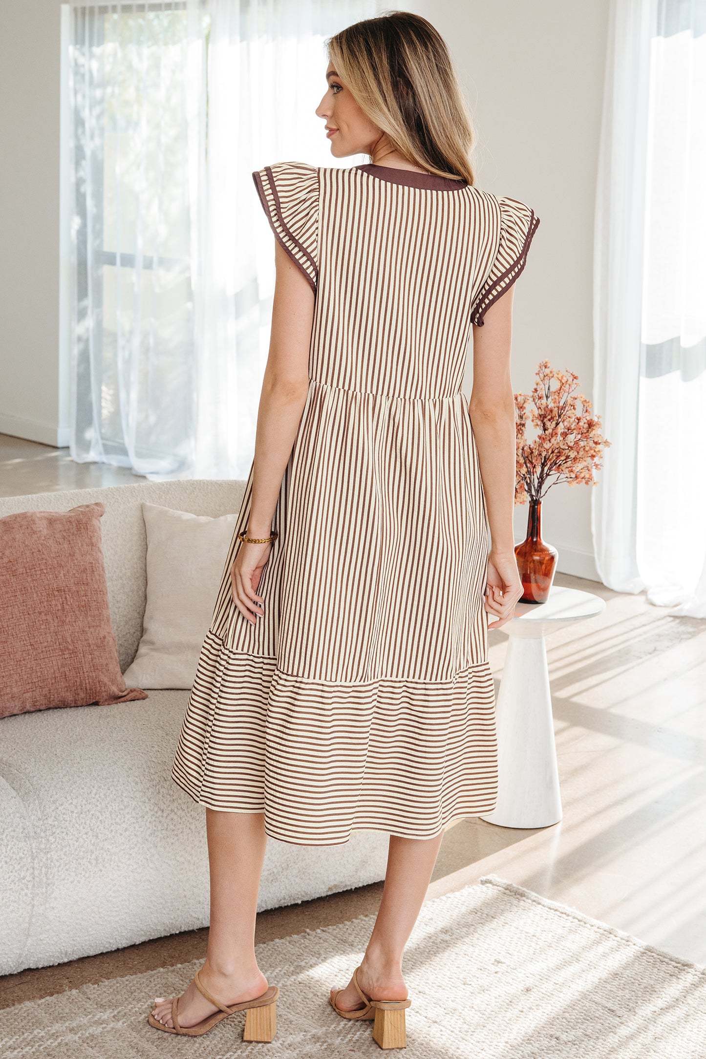 Black Stripe Ruffle Sleeve Contrast Trim V Neck Midi Dress