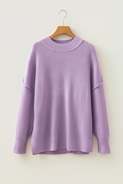 Orchid Purple Mock Neck Ribbed Knit Oversized Sweater Top