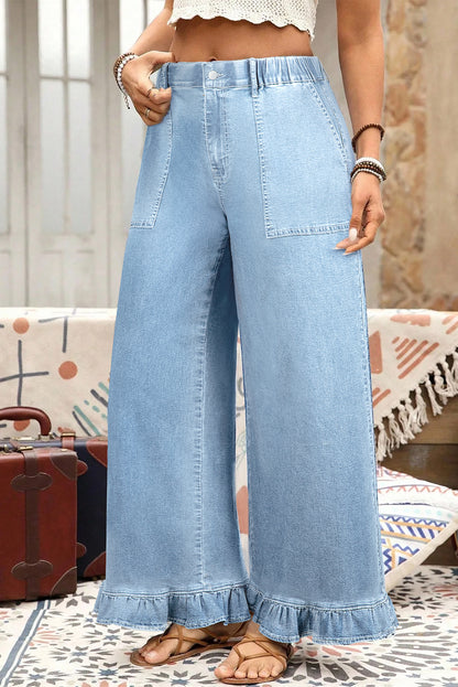 Sail Blue Plus Size Elastic Waist Ruffle Hem Jeans