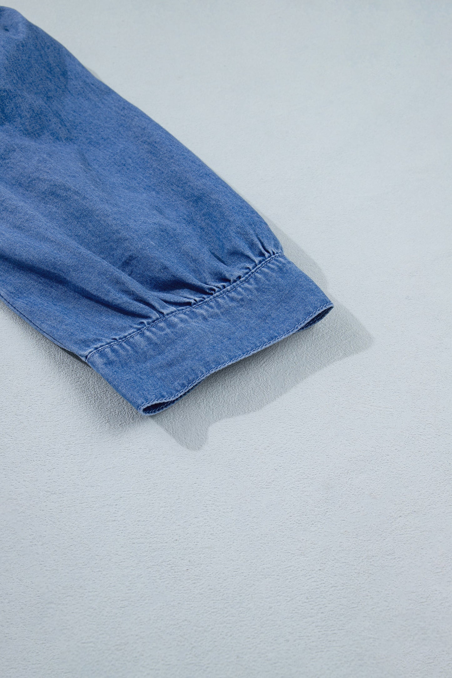 Denim Zip Front Smocked Waist Puff Sleeve Midi Dress