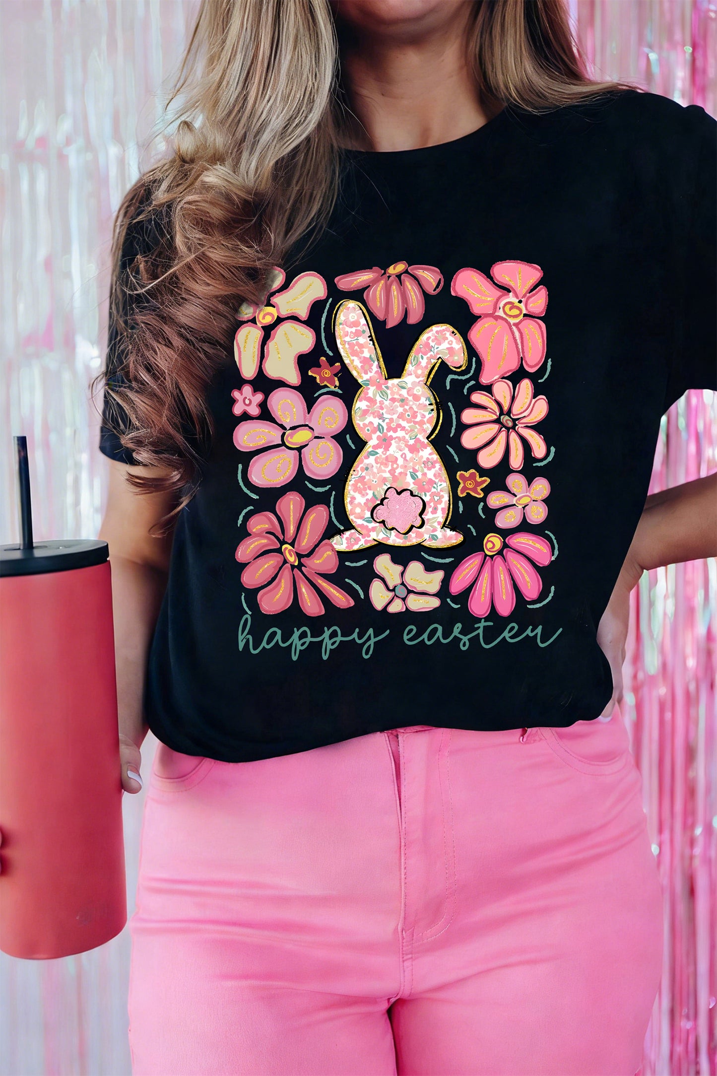 Easter Bunny Floral Graphic Black Casual Spring Tee