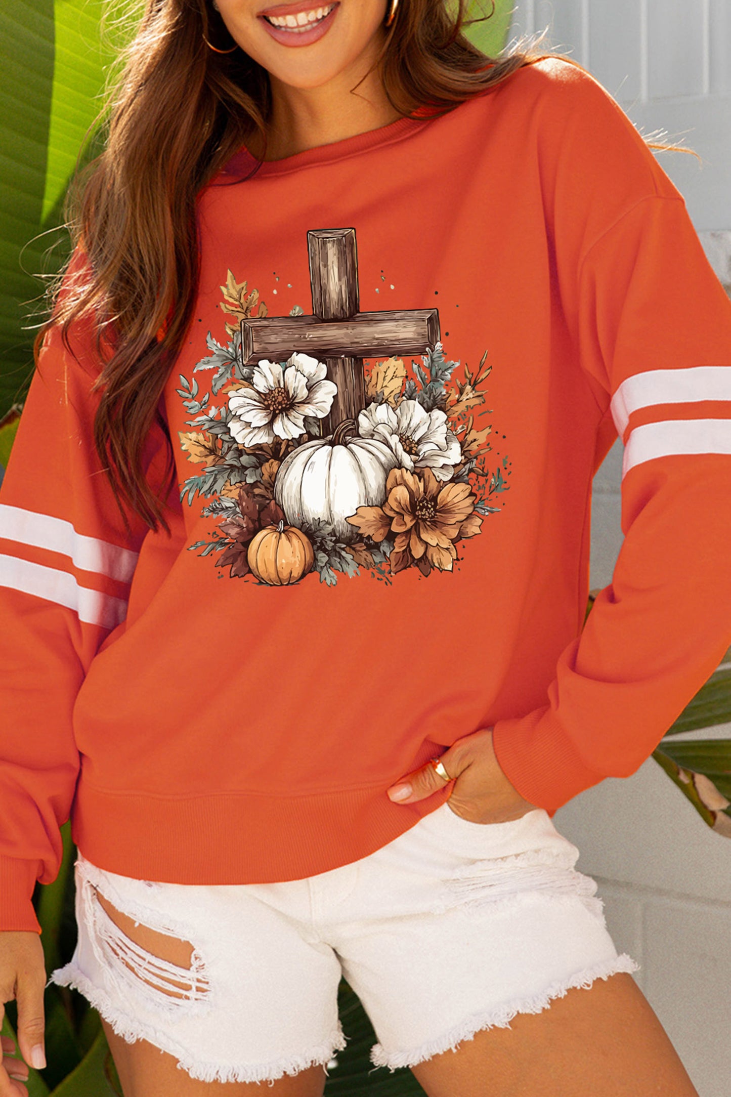 Thanksgiving Pumpkin Cross Floral Graphic Sweatshirt