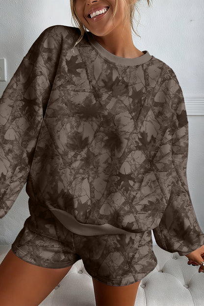 Light Grey Abstract Woodland Camo Print Baggy Pullover Drawstring Shorts Set