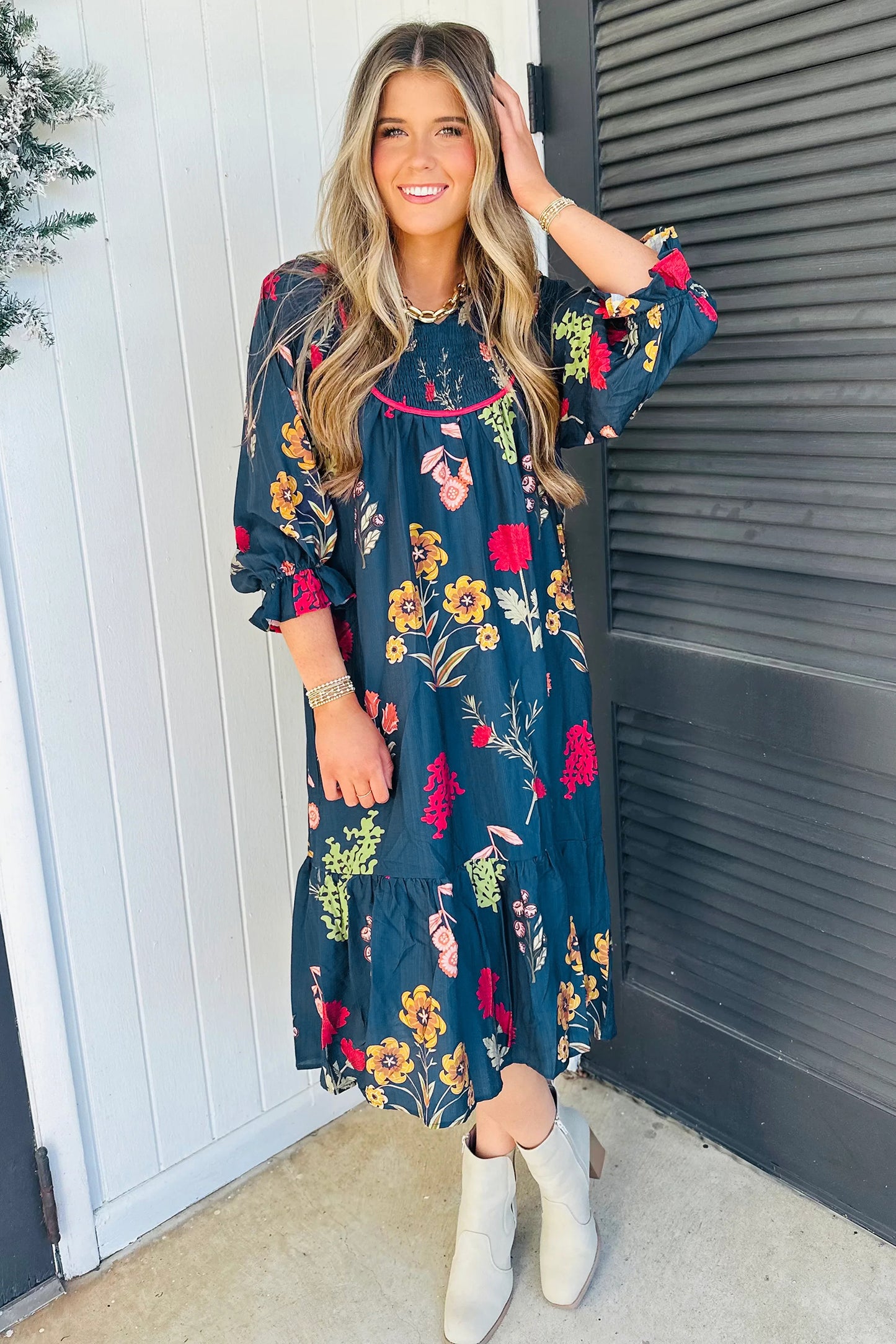 Blue Floral Print Gathered Neckline 7/8 Sleeve Casual Midi Dress
