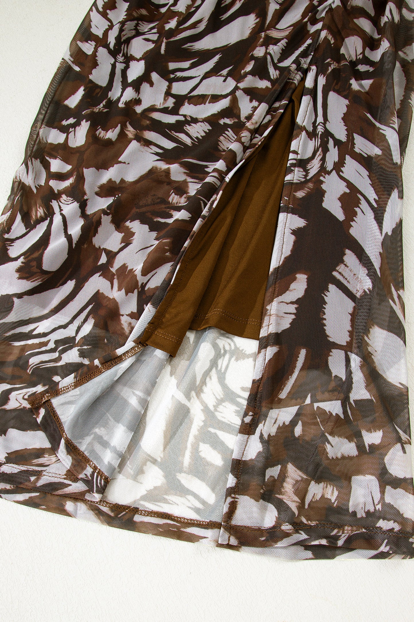 Brown Abstract Mesh Cowl Neck Ruched Midi Dress