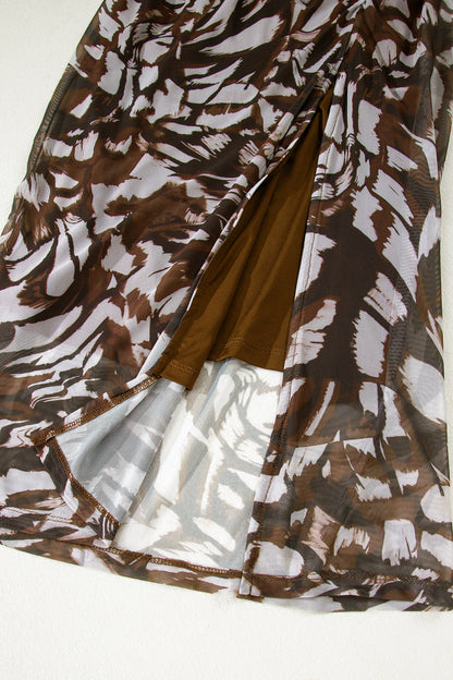 Brown Abstract Mesh Cowl Neck Ruched Midi Dress
