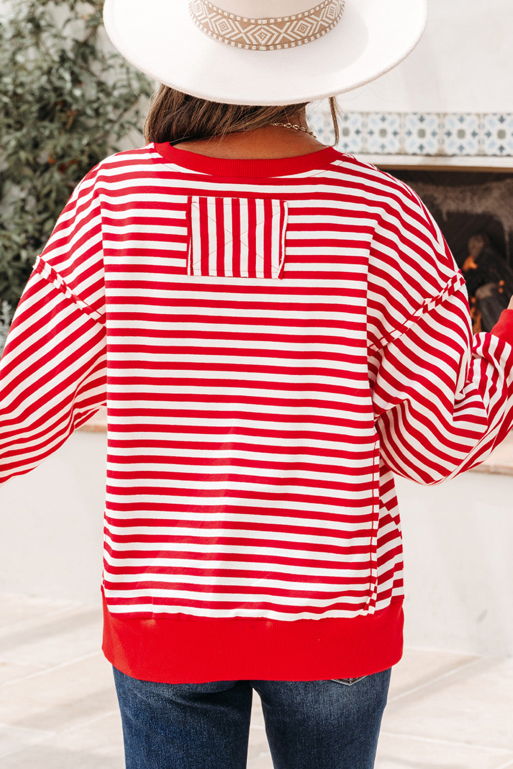 Red Stripe Christmas Sequin Patched Drop Shoulder Top
