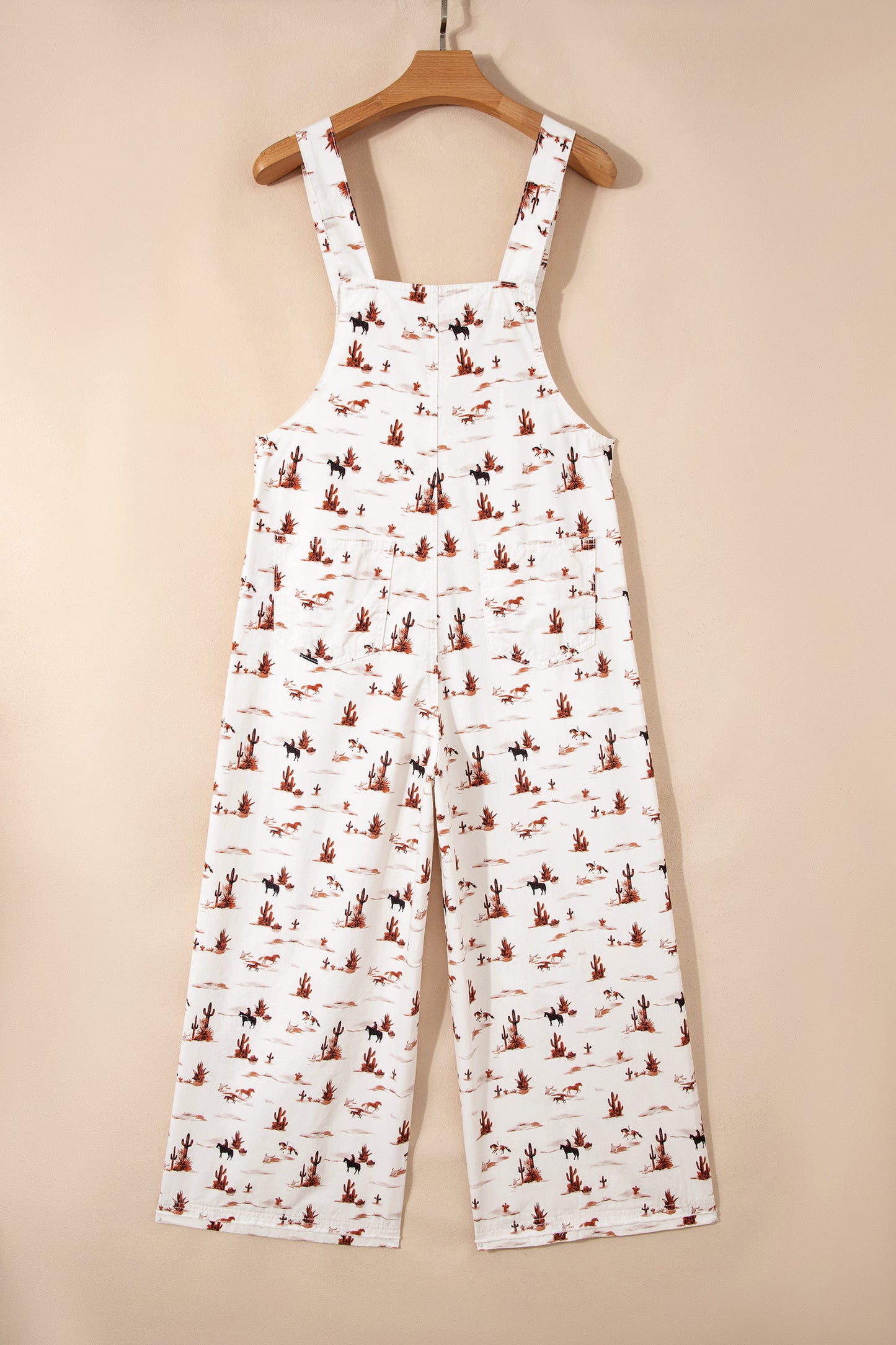 Beige Western Print Adjustable Strap Loose Cotton Jumpsuit
